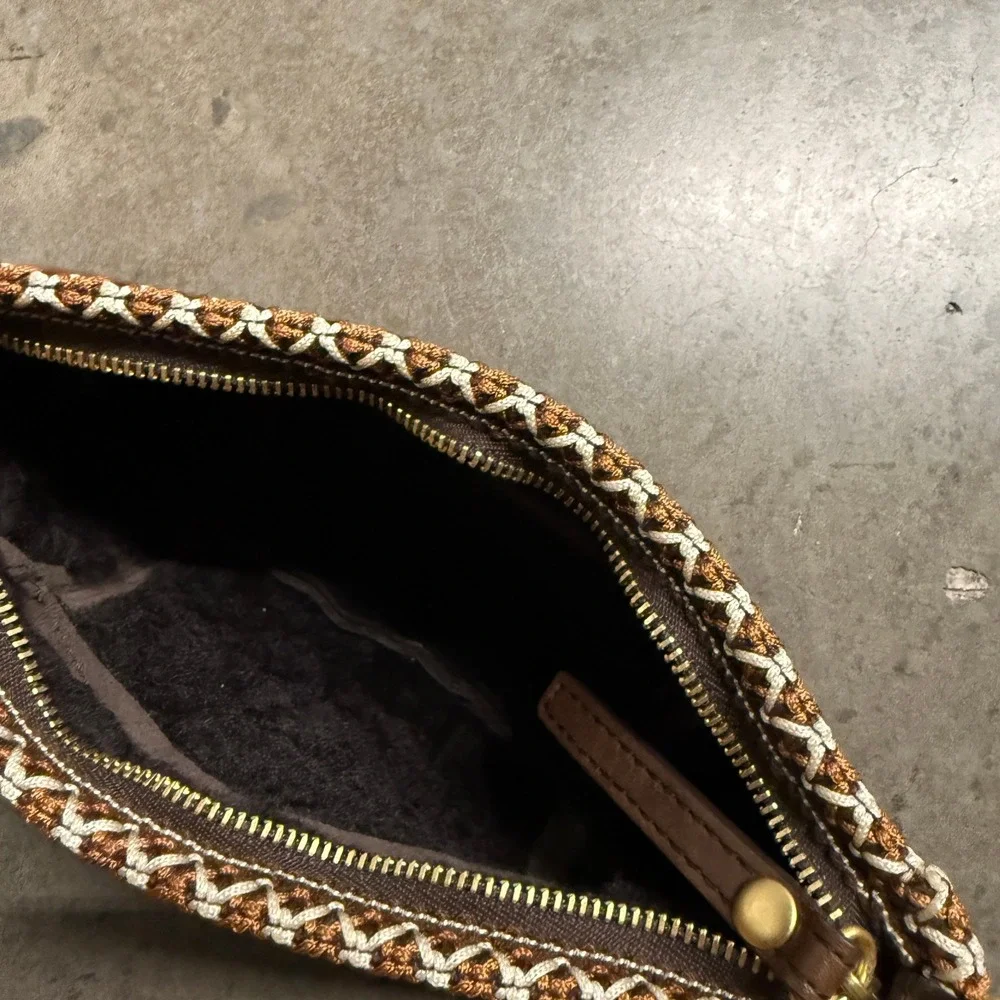 UGG Australia Brown Suede Shearling Lined Wristlet Clutch with Tasman Braid Trim
